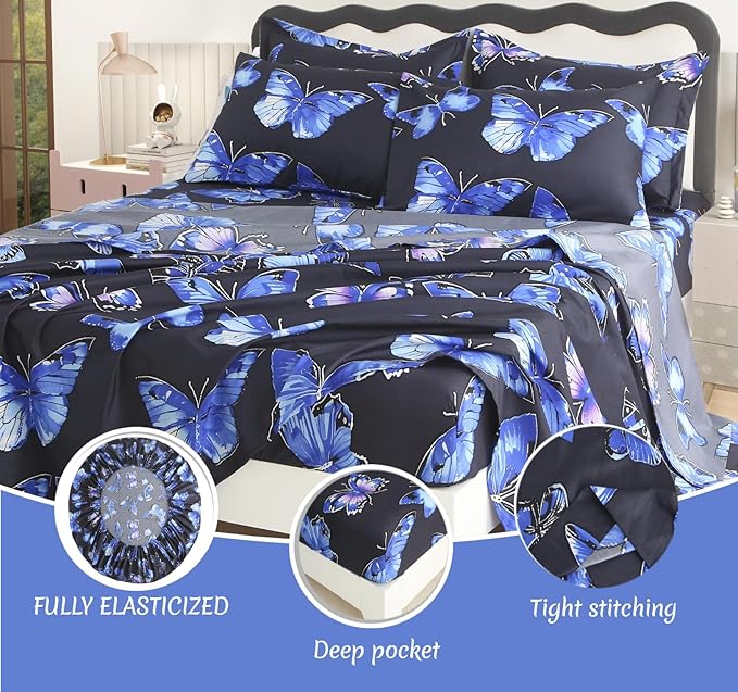 SDY 7PCS Butterfly Bedding Twin Bed in A Bag Twin Girls Boys and Kids with Butterfly Comforter, Flat Sheet, Fitted Sheet and Pillowcases & Shams