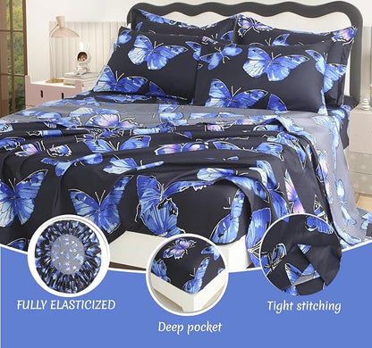 SDY 7PCS Butterfly Bedding Set Queen Butterfly Comforter Set and Bed Sheets Bed in A Bag for Toddler,Girls Boys and Kids, with 1Comforter, 1FlatSheet, 1Fitted Sheet,Pillowcases & Shams