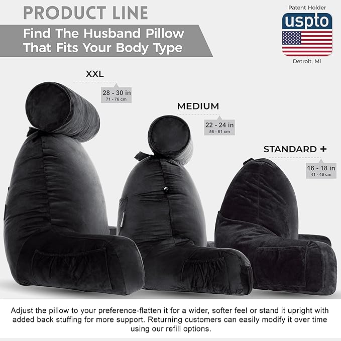 Husband Pillow XXL - Reading Pillow Bed Chair with Arms & Back Support - Black - Back Pillow for Bed Sitting Up - Bed Rest Arm Pillow - Comfy Reading Pillow for Adults
