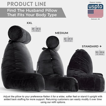 Husband Pillow XXL - Reading Pillow Bed Chair with Arms & Back Support - Black - Back Pillow for Bed Sitting Up - Bed Rest Arm Pillow - Comfy Reading Pillow for Adults