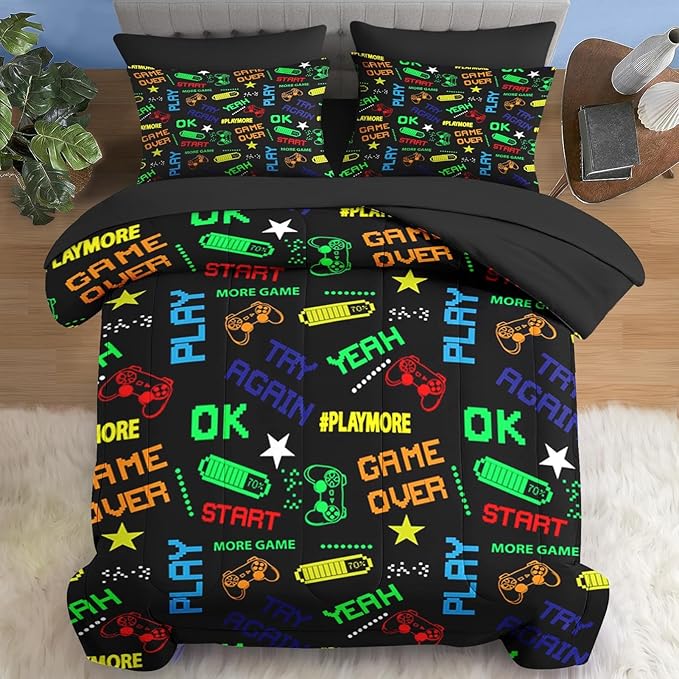 Comforter Set Full Size, Retro Computer Gamepad 7 Pcs Bedding for Kids and Adults, Cartoon Video Game Bed Sheet Sets with Fitted Sheet 2 Pillowcases & 2 Shams for Bedroom Bed Decor