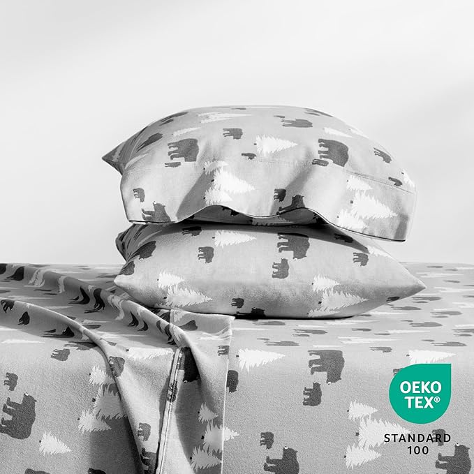 Bare Home Flannel Sheet Set Prints, 100% Cotton, Velvety Soft Heavyweight - Christmas Sheets - Double Brushed Flannel for Extra Softness & Comfort - Deep Pocket - Holiday Sheets (Queen, Kodiak)