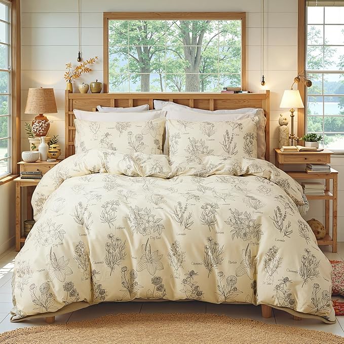 Cozeline 100% Cotton Duvet Cover King Size, Vintage Design with Luxrious Black Sketched Flowers & Leaves on Cream, 3 Pcs Breathable and Soft Duvet Cover for All Season