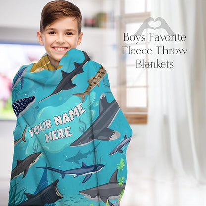 Personalized Shark Blanket for Kids - Ships Next Day and Made in USA - Soft Fleece Throw Bed, Cute Room Decor, Plush Sofa Couch Cover, Lightweight Baby Shark Toys, Custom Gift (Sherpa – 60x80)