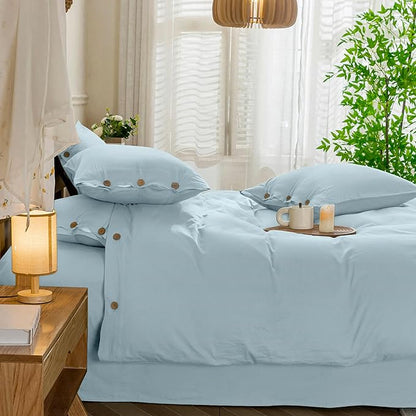 JELLYMONI Cotton Duvet Cover Queen Size - Light Blue Comforter Cover with Button 100% Washed Cotton 3PCS Breathable Soft Solid Bedding Set Duvet Cover 90×90in & 2 Pillowcases (NO Comforter)