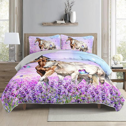 AILONEN Quilt Set Twin Size, Purple Floral Horse Soft Bed Cover Bedding Set for Kids and Adults, Farmhouse Lightweight Bedspread Coverlet with 2 Pillowcases All Season