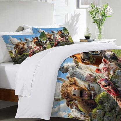 Funny Animals Bedding Set 3 Pieces Soft Lightweight Microfiber Farmhouse Cow Donkey Pig Bedspread Coverlet Set Fun Horse Duvet Cover Twin Full Queen King for Comforter Bed Set for Girls Boys Women Men