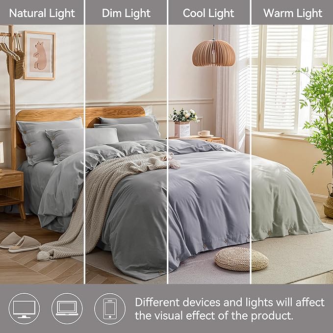 JELLYMONI Cotton Duvet Cover Queen Size - Light Gray Comforter Cover with Button 100% Washed Cotton 3PCS Breathable Soft Solid Bedding Set Duvet Cover 90×90in & 2 Pillowcases (NO Comforter)