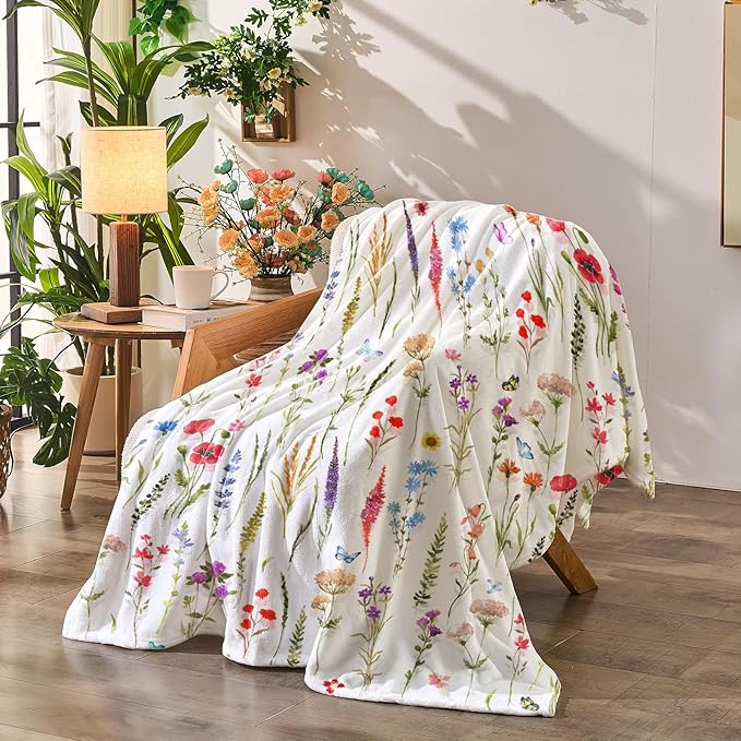 Floral Throw Blanket Birthday Gift for Women Mom Girls Colorful Flowers Blanket Summer Wildflower Flannel Blanket Watercolor Printed Throw for Couch Sofa Bed Chair 50"x60"