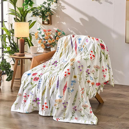 Floral Throw Blanket Birthday Gift for Women Mom Girls Colorful Flowers Blanket Summer Wildflower Flannel Blanket Watercolor Printed Throw for Couch Sofa Bed Chair 60"x80"