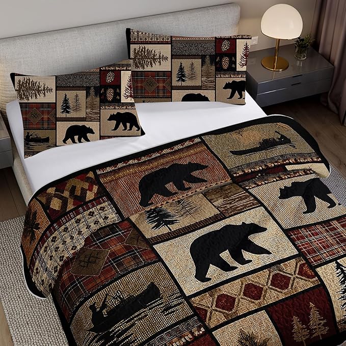 Rustic Black Bear Quilt Bedding Queen 3Pcs Natural Forest Wild Hunt Animal Bear Canoe Bed Set Retro Tree Grid Pattern Bedspread Coverlet with 2 Pillowcases for Kid Boy Girl Teen Adult Bed Decor