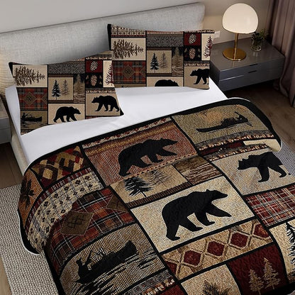 Rustic Black Bear Quilt Bedding Queen 3Pcs Natural Forest Wild Hunt Animal Bear Canoe Bed Set Retro Tree Grid Pattern Bedspread Coverlet with 2 Pillowcases for Kid Boy Girl Teen Adult Bed Decor