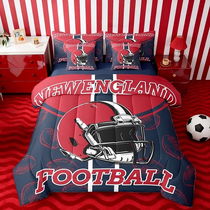 Feelyou Football Queen Comforter Set with Sheets for Kids Boys Girls Ball Games 7 Pieces Bedding Set Rugby Bed in a Bag City of Footballs Room Decor Rugby Sports Soft Lightweight