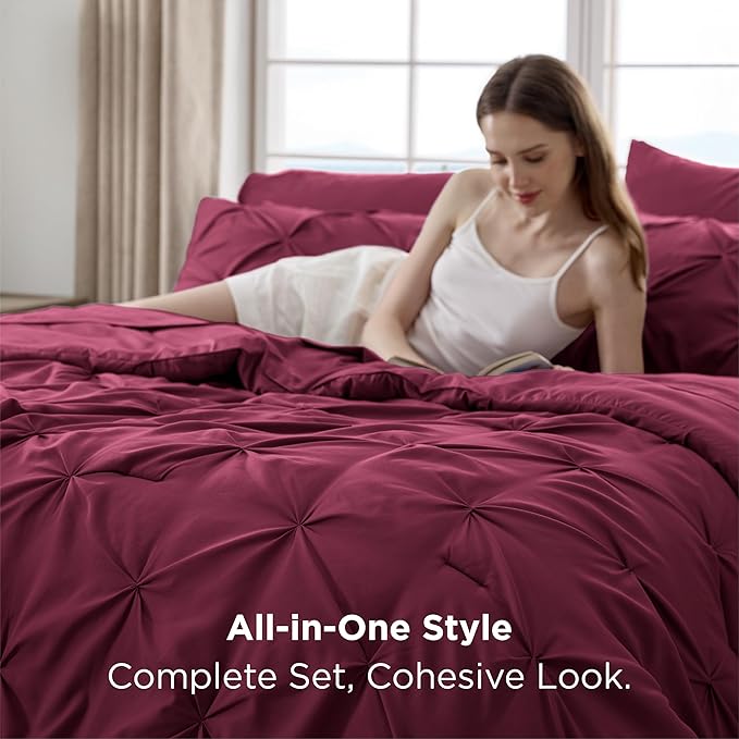 Bedsure Full Size Comforter Sets - Bedding Sets Full 7 Pieces, Pintuck Bed in a Bag Burgundy Bed Set with Comforter, Sheets, Pillowcases & Shams