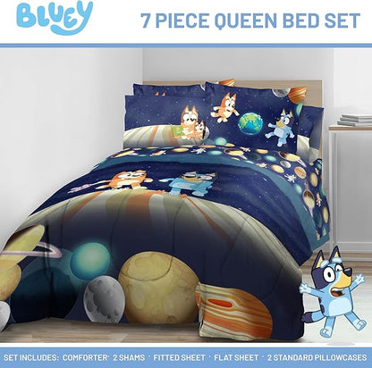 Jay Franco Kids Comforter Set Includes Sheets and Pillow Covers - Soft and Cozy Bed Set for Stylish Room Decor, Blue - Bluey & Bingo, 7 Piece Queen