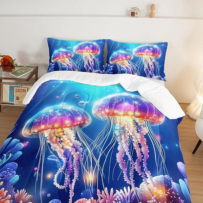 Kids Bedding Colorful Jellyfish Comforter Set,Water Coral Flash Bedding Queen Size Comforter Sets for Girls Boys Room Decor,Marine Life Bedding Comforter Sets with 2 Pillowcases.