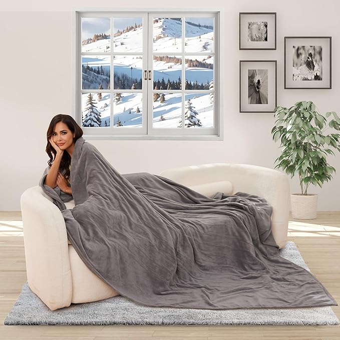 Electric Heated Blanket 90"x100" King Size, Soft Coral Fleece, Dual Controllers with 4 Heating Levels and 10 Hours Auto-Off, Machine Washable, Cozy Plush Fabric for Home, Light Gray
