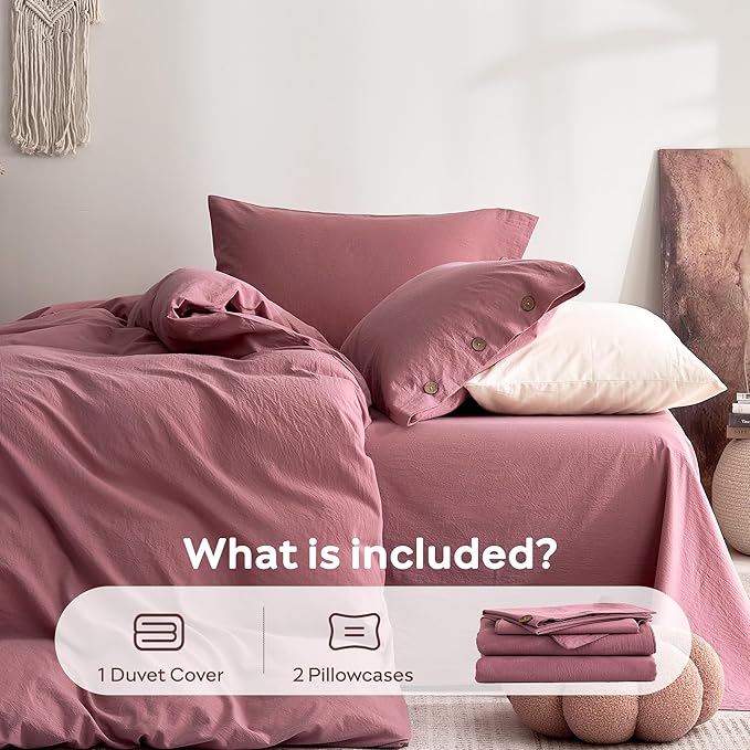 JELLYMONI 100% Washed Cotton Duvet Cover King – Soft, Breathable Linen-Look Bedding with Natural Wrinkle Texture, Button Closure, 3-Piece Set (Deep Rose, 104"x90")