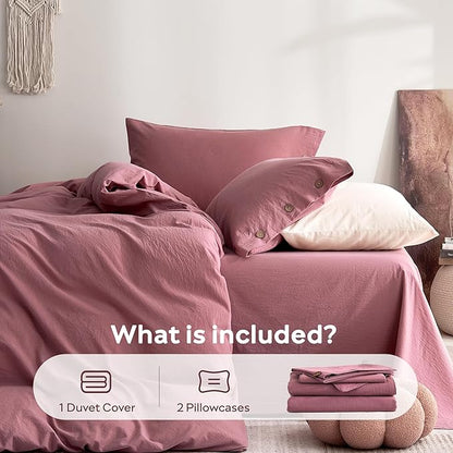 JELLYMONI 100% Washed Cotton Duvet Cover King – Soft, Breathable Linen-Look Bedding with Natural Wrinkle Texture, Button Closure, 3-Piece Set (Deep Rose, 104"x90")