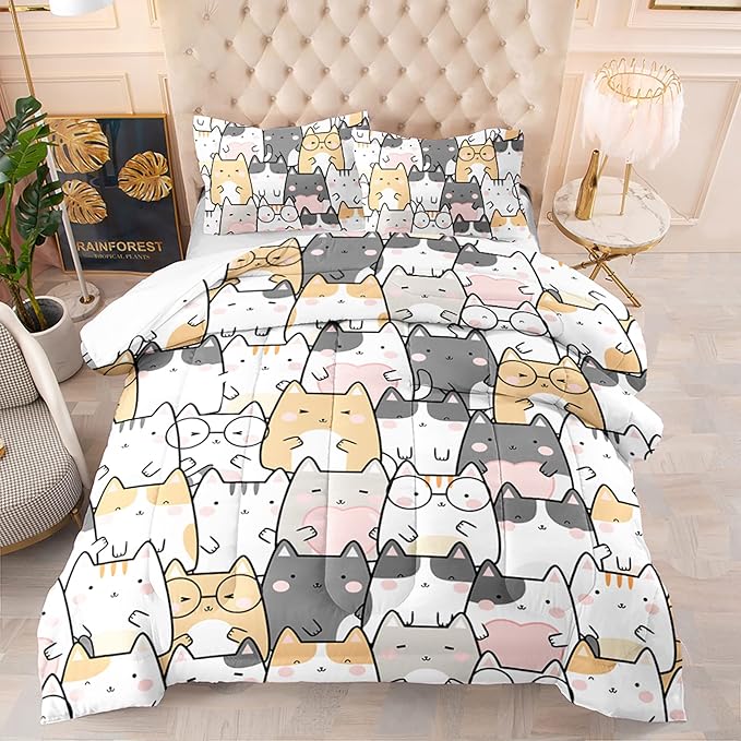 QOOMO Kawaii Cat Comforter Twin Size,Cats Bedding Set for Kids Teens Girls Boys,3Pcs Bedding Set Printed Comforter with 2 Pillowcases,Down Alternative,Soft and Lightweight，Twin Size