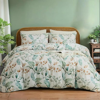100% Cotton Duvet Cover King Size – Eucalyptus Botanical Print Green Floral Duvet Cover Set, 3-Piece Soft Breathable Natural Premium Cotton Bedding Set for All Seasons