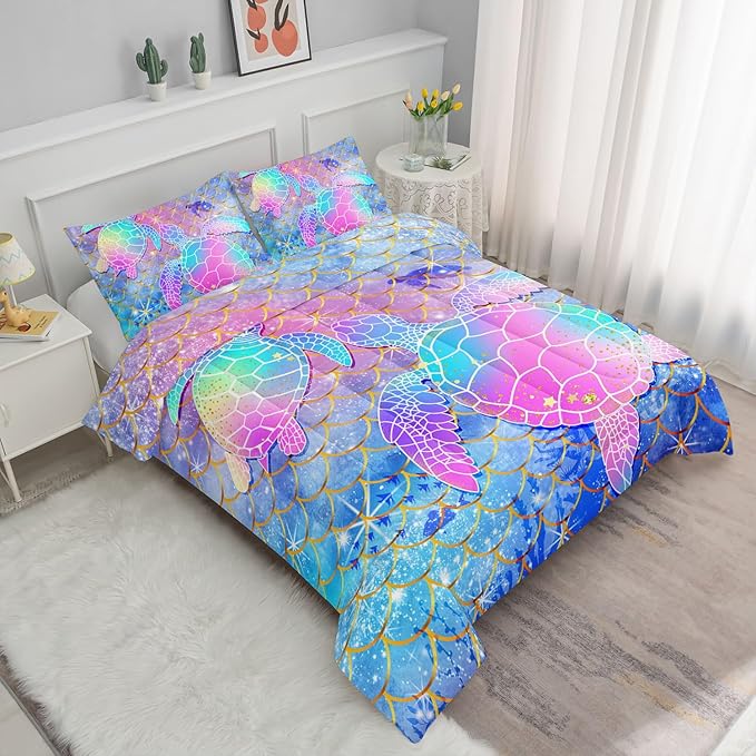 Kids Comforter Set Watercolor Turtle Scales Printed Pattern Bedding Set with 1 Comforter and 2 Pillowcases for Girls Boys Bedroom All Season(Watercolor Turtle Scales Twin)