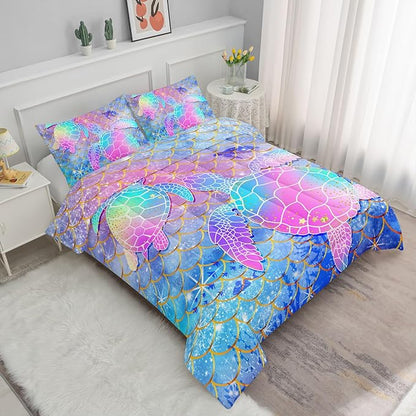 Kids Comforter Set Watercolor Turtle Scales Printed Pattern Bedding Set with 1 Comforter and 2 Pillowcases for Girls Boys Bedroom All Season(Watercolor Turtle Scales Full)