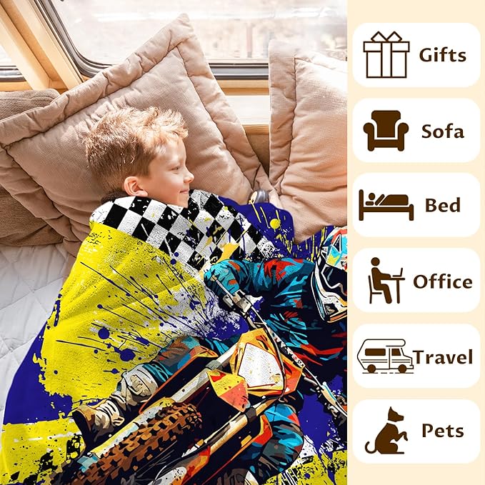 Personalized Blanket for Boys, Dirt Bike Throw Blanket Gifts for Kids Teens, 50"x60" Cool Custom Flannel Motorcycle Blankets Gift for Son Cars Lovers Lightweight Throws for Couch Sofa Bed Decor