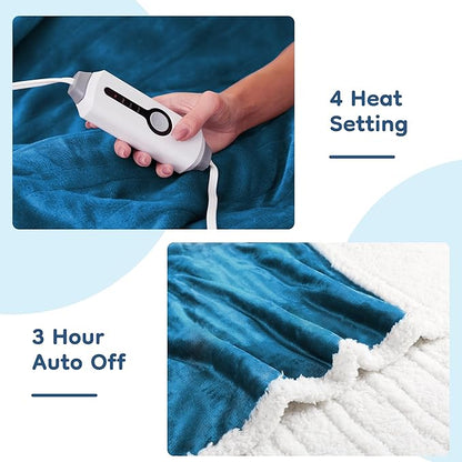 Electric Heated Blanket Throw Size - 50"x60", Soft Flannel Heating Blanket, 4 Heating Levels, 3 H Auto Shut Off, Breathable Warm and Washable for Sofa, Lake Blue