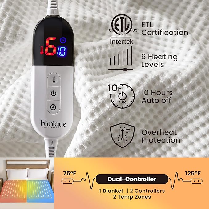 Electric Heated Mattress Pad King Size Dual Control Bed Warmer, Deep Pocket, Side Storage Pouch for Controller, Machine Washable, Waffle Jacquard, 78"x80", White