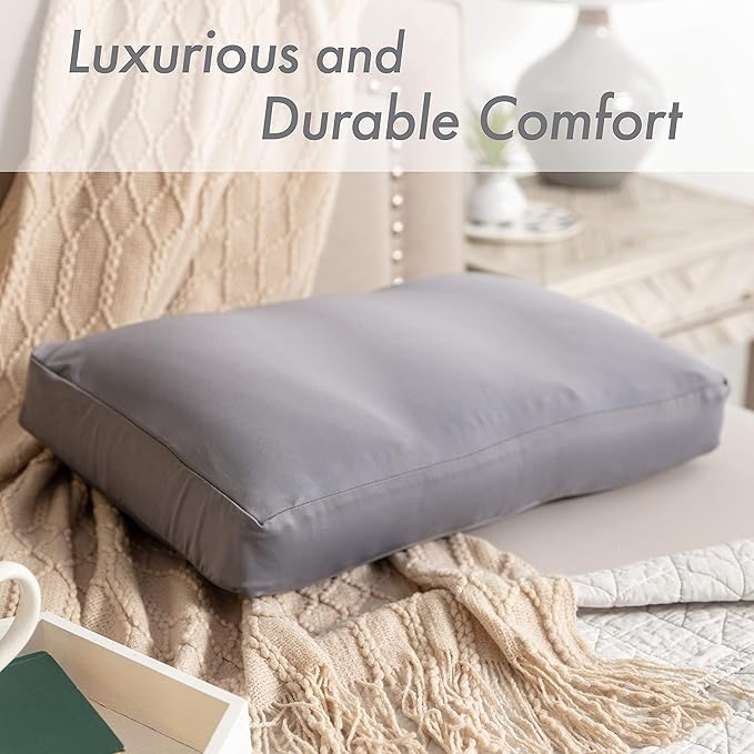 PILLOWY Premium Microbead Bed Pillow, Medium Extra Fluffy But Supportive - Ultra Comfortable Sleep with Silk Like Anti Aging Cover 85% Spandex/ 15% Nylon Breathable, Cooling Stone Gray