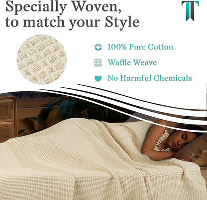 Tex Trend 100% Cotton Blankets King Size – Durable and Versatile Waffle Weave Blankets for Christmas & Year Round Coziness – Breathable & Lightweight - Ivory (90”x108”)