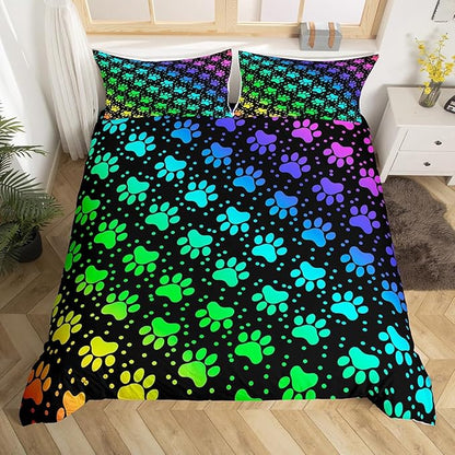Dog Paw Print Duvet Cover Set King Size,Rainbow Gradient Puppy Paw for Dog Lover Comforter Cover with 2 Pillowcases,Funny Pets Animal Modern Bedding Set for Adult Couple Room Decor, 3pcs