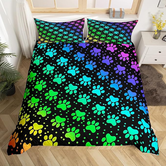 Castle Fairy Dog Paw Print Duvet Cover Set Twin Size,Rainbow Gradient Puppy Paw for Dog Lover Comforter Cover for Kids Boys Bedroom Gift,Funny Pets Animal Bedding Set with 1 Pillowcase, Polyester