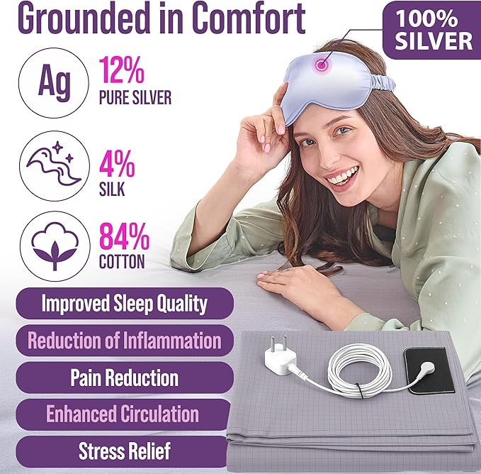 Earth Grounding Sheets Queen Size with 12% Silver Fiber & 4% Silk & 84% Cotton - Gray - SGS Quality Certified Grounded Well Bed Sheet - Conductive Fitted Sheet for Better Sleep
