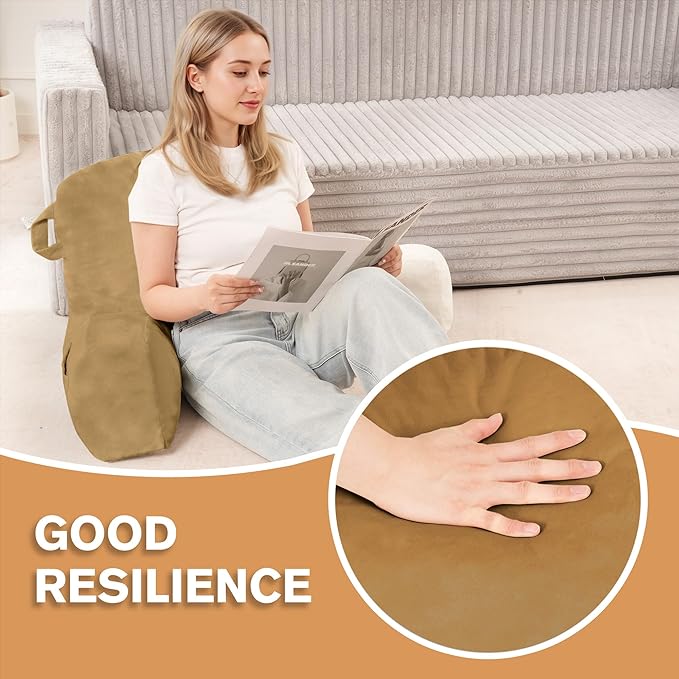 Portable Comfy Reading Pillows for Bed Sitting Up(Camel Oeko-Tex), Velvet Back Pillow with Arms & Pockets for Adults, Support Memory Foam Bed Pillow for Dorm/Reading/Watching/Gaming