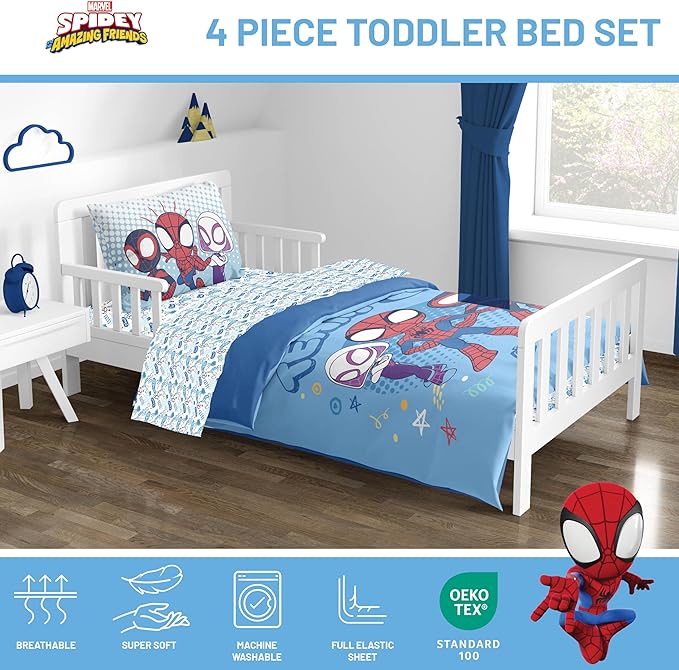 Jay Franco Kids Comforter Set Includes Sheets and Pillow Covers - Soft and Cozy Bed Set for Stylish Room Decor, Light Blue - Spidey & His Amazing Friends, 4 Piece Toddler