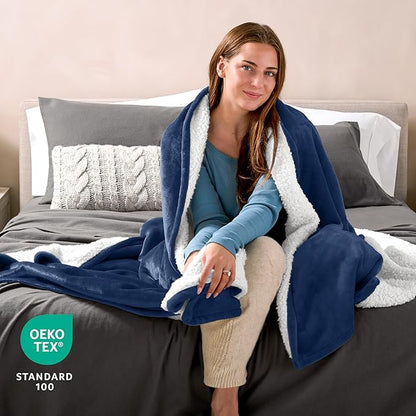 Bare Home Sherpa Fleece Blanket - Full/Queen Size - Blanket for Bed, Sofa, and Couch - Warm & Lightweight - Fluffy & Soft - Reversible (Full/Queen, Dark Blue)