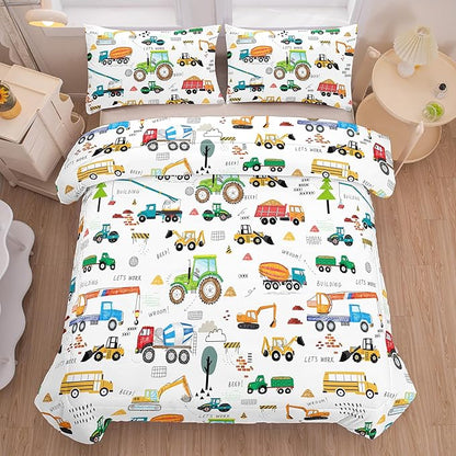 Peopleareok Construction Comforter Set Full (79x90 Inch), 3 Pieces Construction Excavator Tractor Bedding Sets for Boys Toddler Children, Super Soft Microfiber Comforter with 2 Pillowcase