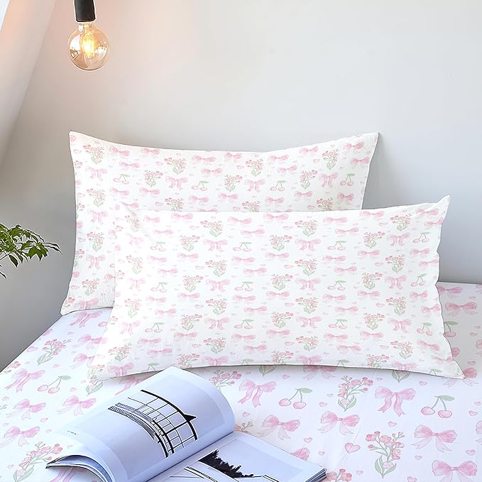 Bow Duvet Cover Queen Size Pink Floral Coquette Bedding Set with Cherry Kids Boys Girls Cute Heart Bowknot Reversible Soft Microfiber Duvet Cover Set 3 Pieces with 2 Pillowcases