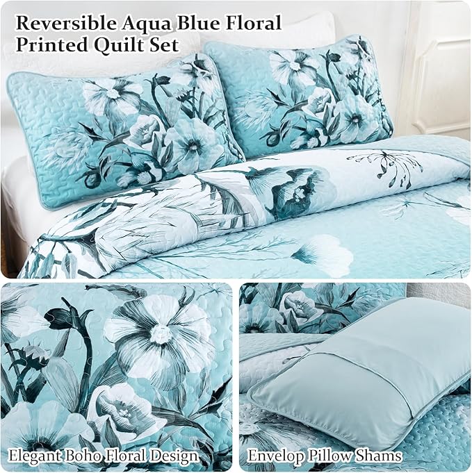 Blue Floral Quilt Set Queen 3 Pieces Boho Flower Quilt Coverlet Set Soft Microfiber Lightweight Floral Quilted Bedspread with 2 Pillow Shams for All Season 90"x96"