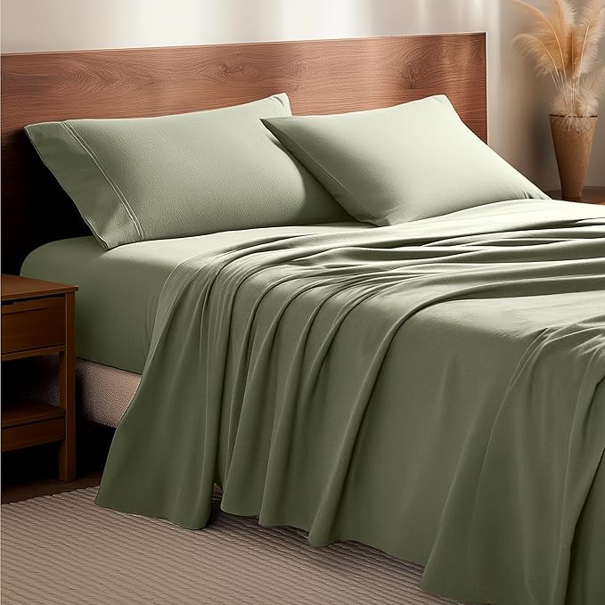 Bare Home Flannel Sheet Set 100% Cotton, Velvety Soft Heavyweight - Double Brushed Flannel - Deep Pocket (Queen, Sage)