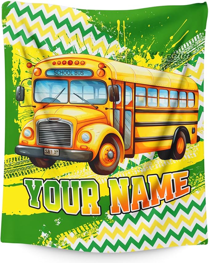 Boys Blanket Gifts Personalized School Bus Blankets for Kids Toddlers Boys - 30" x 40" Custom Name Cute Car Themed Soft Lightweight Flannel Throws for Couch, Sofa, Bed, Office, Travel