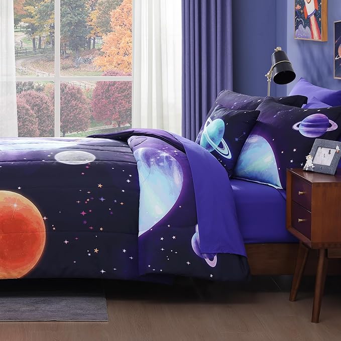 Full Size Comforter Set for Boys - 4 Pieces Navy Blue Space Rocket Full Bedding Sets for Kids, 1 Comforter, 2 Shams and 1 Decor Pillow
