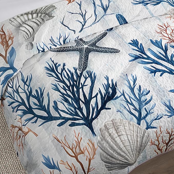 QOOMO Coastal Quilt Set Full/Queen Size,Starfish Coral Nautical Bedspread Coverlet Set,Ocean 3Pcs Bedding Set Printed Quilt with 2 Pillowcases,Soft and Lightweight,for All Seasons