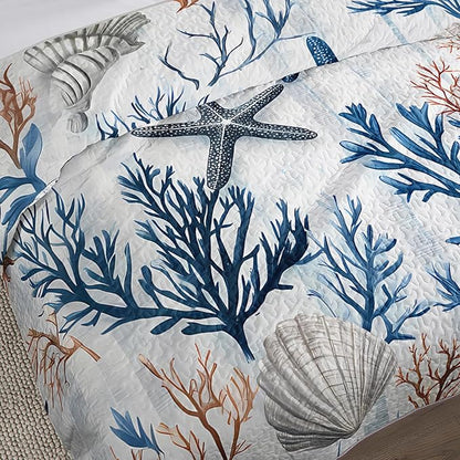 QOOMO Coastal Quilt Set Full/Queen Size,Starfish Coral Nautical Bedspread Coverlet Set,Ocean 3Pcs Bedding Set Printed Quilt with 2 Pillowcases,Soft and Lightweight,for All Seasons