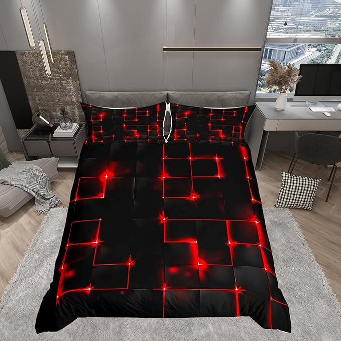 Castle Fairy Abstract Duvet Cover Set Twin Size, Modern Geometric Grid Square Quilt Cover with 1 Pillowcase, Red Neon Light Microfiber Polyester Bedding Set for Kids Boys Bedroom, Black