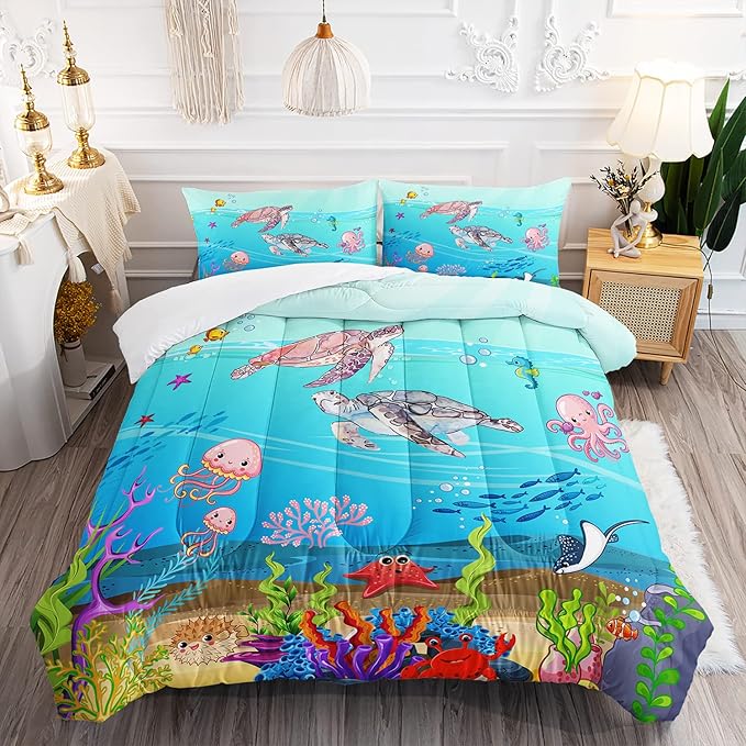 Turtle Comforter Set Full Ocean Watercolor Sea Turtle Bedding Set Tropical Fish Marine Life Bed Set with 2 Pillowcases for Kids Room Decor