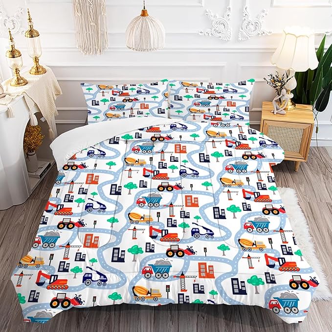 Construction Comforter Set Full: Cartoon Cars Comforter Set for Boys Kids Teen Children White Truck Bedding Bedroom Dorm Quilt 1 Comforter + 2 Pillow Cases