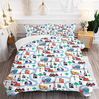 Construction Comforter Set Full: Cartoon Cars Comforter Set for Boys Kids Teen Children White Truck Bedding Bedroom Dorm Quilt 1 Comforter + 2 Pillow Cases